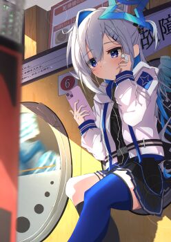 1girl absurdres aiguillette amane_kanata amane_kanata_(work) angel_wings asymmetrical_hair asymmetrical_legwear black_shirt black_skirt blue_bow blue_bowtie blue_hair blue_thighhighs blue_wings bob_cut boots bow bowtie cellphone colored_inner_hair comiket_105 commentary_request cropped_jacket earphones feathered_wings gradient_wings grey_hair grey_jacket grin hair_between_eyes halo highres holding holding_earphones holding_phone hololive indoors jacket long_hair long_sleeves looking_at_viewer mini_wings miniskirt multicolored_hair multicolored_wings phone pink_streaks pleated_skirt purple_eyes rmwt7525 sailor_collar shirt short_hair single_hair_intake skirt sleeve_cuffs sleeves_past_wrists smartphone smile solo star_halo streaked_hair thighhighs tilted_halo virtual_youtuber white_jacket white_wings wide_sleeves wings