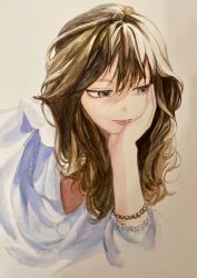 Rule 34 | 1girl, bracelet, brown eyes, brown hair, hair between eyes, hand on own cheek, hand on own face, highres, jewelry, long hair, looking down, okomeyama, original, photo-referenced, pink lips, shirt, smile, solo, traditional media, white background, white shirt