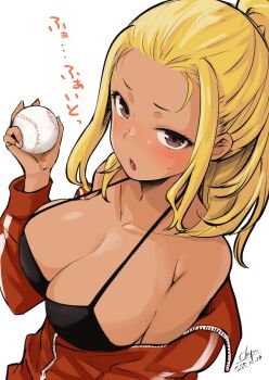 1girl alternate_breast_size_(larger) ball bare_shoulders baseball_(object) black_bra blonde_hair bra breasts brown_eyes cleavage collarbone commentary_request dated from_above highres holding holding_ball ichinose_karina jacket large_breasts looking_at_viewer manemane_nichinichi off_shoulder okara open_mouth red_jacket signature simple_background solo tan track_jacket translation_request underwear upper_body white_background