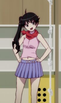 1girl ahoge araragi_karen black_eyes black_hair breasts camisole dot_nose egg_hair_ornament female_focus food-themed_hair_ornament grin hair_ornament hands_on_own_hips legs long_hair medium_breasts midriff miniskirt monogatari_(series) navel open_mouth pink_camisole pleated_skirt purple_skirt red_scarf scarf sexually_suggestive side_ponytail skirt sleeveless smile smirk solo solo_focus stomach thighs