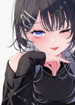 1girl black_hair black_sweater blue_eyes blush breasts commentary earrings english_commentary grey_hair hair_ornament hairclip highres jewelry long_hair looking_at_viewer multicolored_hair necklace nekotora_(nekotora0116) off-shoulder_sweater off_shoulder one_eye_closed original simple_background small_breasts solo sweater tongue tongue_out upper_body white_background