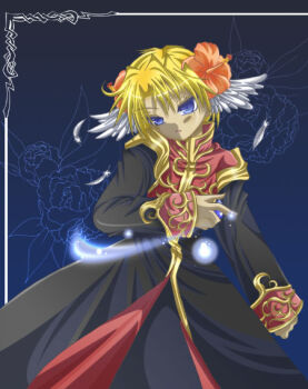 1boy 2000s_(style) akiiyuuri black_coat blonde_hair blue_background blue_eyes coat commentary_request cowboy_shot feathered_wings flower gold_trim hair_flower hair_ornament head_wings long_sleeves looking_at_viewer magic male_focus multicolored_coat open_mouth orange_flower priest_(ragnarok_online) ragnarok_online red_coat short_hair solo two-tone_coat white_wings wings