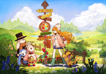 1girl 3others bag baiguiyu blue_flower cloud field flower hat highres lake leg_warmers long_hair looking_to_the_side mountain multiple_others orange_hair original pink_flower profile rabbit red_flower red_rose road_sign rose shoulder_bag sign skirt sky stuffed_animal stuffed_toy suitcase white_flower