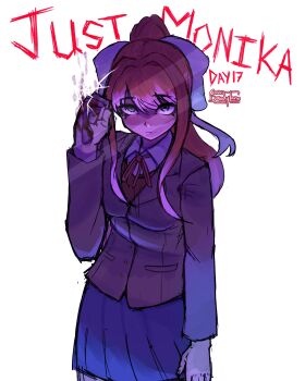 1girl artist_name blue_skirt bow brown_hair closed_mouth cowboy_shot crack cracked_glass doki_doki_literature_club doki_doki_literature_club_school_uniform english_text fourth_wall hair_bow highres just_monika_(meme) long_hair long_sidelocks long_sleeves looking_at_viewer meme monika_(doki_doki_literature_club) sandylaneqwq school_uniform shirt sidelocks simple_background skirt solo white_background white_bow white_shirt