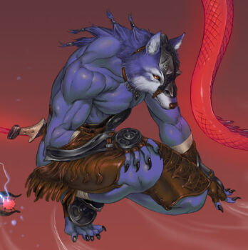 Rule 34 | 1boy, animal ears, armor, artist request, blue skin, claws, colored skin, fantasy, furry, furry male, leather armor, male focus, muscular, on one knee, snake, sword, tribal, weapon, werewolf, wolf, wolf ears