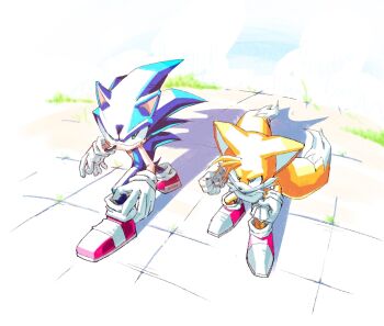Rule 34 | 2boys, extra tails, full body, green eyes, highres, male focus, multiple boys, red shoes, shoes, smirk, sonic (series), sonic the hedgehog, standing, stupidfred0, tails (sonic)