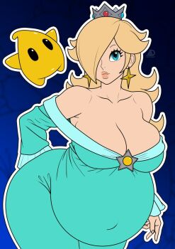 1girl arrowdark bare_shoulders blonde_hair blue_eyes breasts cleavage covered_navel crown dress earrings female_focus flat_color hair_over_one_eye jewelry large_breasts lips long_hair looking_at_viewer luma_(mario) mario_(series) nintendo off-shoulder_dress off_shoulder pregnant rosalina solo super_mario_galaxy