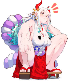 1girl absurdres arm_on_own_leg arm_rest bare_legs breasts cleavage closed_mouth commentary_request curled_horns earrings feet foreshortening full_body geta gradient_hair green_hair hair_ornament hair_stick hakama hakama_pants hand_on_own_cheek hand_on_own_face high_ponytail highres hoop_earrings horns japanese_clothes jewelry kimono large_breasts legs light_blush long_sidelocks low-cut_armhole multicolored_hair multicolored_horns notice_lines one_piece oni orange_horns pants ponytail re:ankh red_eyes red_horns red_pants rope sandals shimenawa sidelocks simple_background sleeveless sleeveless_kimono solo squatting toenails toes white_background white_hair white_kimono yamato_(one_piece)