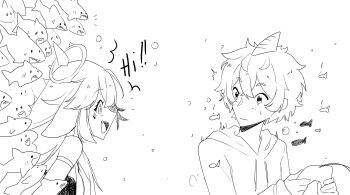 ! 1boy 1girl absurdres air_bubble artist_request bubble commentary controller drawstring english_commentary english_text fish greyscale halo hatching_(texture) highres holding holding_controller hood hood_down hoodie indie_virtual_youtuber long_hair long_sleeves looking_at_another megalodon_(vtuber) monochrome open_mouth second-party_source shark shark_boy shark_fin shark_girl sharp_teeth shork_(vtuber) short_hair simple_background smile species_connection sweatdrop teeth upper_teeth_only virtual_youtuber white_background