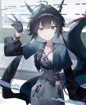 1girl arknights arknights:_endfield black_gloves black_hair blue_horns blue_tail chen_qianyu_(arknights) chinese_commentary commentary_request cowboy_shot cropped_jacket dragon_girl dragon_horn dragon_horns dragon_tail dress eastern_dragon_horns eastern_dragon_tail gloves hand_up highres horns jacket long_hair long_sleeves looking_at_viewer multicolored_tail open_clothes open_jacket open_mouth red_tail sla2h_help smile solo standing tail teeth twintails v