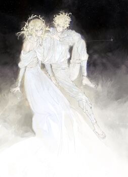 1boy 1girl blonde_hair blue_eyes brother_and_sister castor_(fate) commentary curly_hair detached_sleeves dress elbow_on_knee fate/grand_order fate_(series) full_body gown greco-roman_clothes hair_ornament highres knee_up laurel_crown pants parted_lips pollux_(fate) shirt shoes shooting_star short_hair siblings sitting slippers smile star_(sky) starry_sky_background twins uda_(xax_057) vambraces white_dress white_pants white_shirt white_shoes