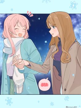 Rule 34 | 2girls, bang dream!, bang dream! it's mygo!!!!!, black shirt, blue coat, blue eyes, breasts, brown coat, brown hair, chihaya anon, closed eyes, coat, commentary request, fang, highres, large breasts, long hair, multiple girls, nagasaki soyo, nanami (nunnun 0410), open mouth, pink hair, scarf, shirt, snow, spoken blush, white scarf, white shirt, yuri