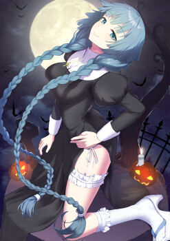 1girl absurdres aqua_eyes aqua_hair bat_(animal) black_dress braid closed_mouth commentary_request dress fence full_moon hand_on_own_hip high_heels highres iron_fence kneehighs kneeling long_hair long_sleeves looking_at_viewer moon night night_sky nun okina_(805197) outdoors puffy_long_sleeves puffy_sleeves pumpkin shoes sky smile socks solo soushuu_senshinkan_gakuen_hachimyoujin tatsumiya_yurika thigh_strap thighs twin_braids variant_set white_shoes white_socks