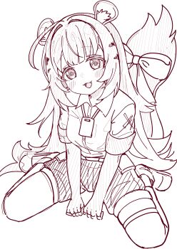 1girl :d absurdres ahoge animal_ear_fluff animal_ears between_legs blush bow breasts collared_shirt commentary_request copyright_request dress_shirt elbow_gloves fang fingerless_gloves gloves hair_intakes hand_between_legs head_tilt highres long_hair monochrome okota_mikan open_mouth shirt shoes short_sleeves shorts simple_background sitting small_breasts smile solo tail tail_bow tail_ornament thigh_strap very_long_hair wariza white_background