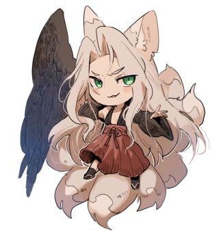&gt;:) 1boy :3 alternate_costume animal_ears black_kimono black_socks black_wings blush_stickers chibi chibi_only commentary_request detached_sleeves feathered_wings final_fantasy final_fantasy_vii fox_boy fox_ears fox_tail full_body geta green_eyes grey_hair hakama hakama_pants hattouissenbaka japanese_clothes kimono kitsune light_smile long_hair male_focus multiple_tails open_clothes open_kimono outstretched_arms pants red_hakama red_pants sephiroth simple_background single_wing sleeveless sleeveless_kimono socks solo tabi tail v-shaped_eyebrows very_long_hair white_background wide_sleeves wings