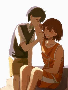 2boys absurdres antenna_hair arm_behind_head arm_up bailan1130 black_eyes black_hair black_sweater_vest bright_pupils brown_hair brown_shorts closed_eyes collarbone collared_shirt dark-skinned_male dark_skin double-parted_bangs grin hair_between_eyes highres kel_(faraway)_(omori) kel_(omori) male_focus multiple_boys omori open_mouth orange_shorts parted_lips shirt short_hair short_sleeves shorts simple_background smile sunny_(omori) sweater_vest teeth white_background white_pupils white_shirt