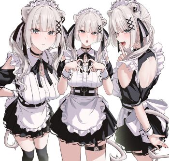 Rule 34 | 1girl, ahoge, animal ear piercing, animal ears, apron, bare shoulders, black choker, black nails, blunt bangs, breasts, choker, clothing cutout, extra ears, fangs, finger to mouth, grey eyes, grey hair, heart, heart hands, highres, hololive, large breasts, lion ears, lion girl, lion tail, long hair, looking at viewer, maid, maid apron, maid headdress, multiple views, open mouth, shishiro botan, solo, tail, thigh strap, twintails, virtual youtuber, wanne