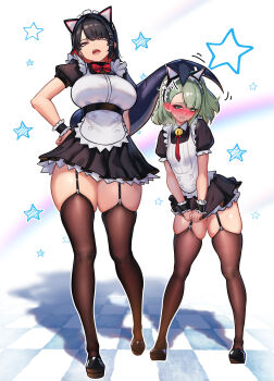 2girls absurdres animal_ears apron bell black_garter_straps black_hair blush bow bowtie breasts cat_ears commentary_request earrings ellen_joe fins fish_tail frilled_hairband frills garter_straps green_eyes green_hair hairband highres jewelry large_breasts maid maid_apron medium_hair multiple_girls nicchi red_eyes shark_girl shark_tail sharp_teeth short_hair shy skindentation small_breasts sunna_(afternoon_tea_break)_(zenless_zone_zero) sunna_(zenless_zone_zero) sweat tail teeth thick_thighs thighhighs thighs zenless_zone_zero