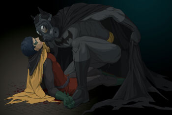 2boys batman batman_(series) boots brothers cape damian_wayne dc_comics dick_grayson domino_mask eye_mask family gas_mask gauntlets gb_(doubleleaf) mask multiple_boys robin_(dc) siblings