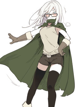 Rule 34 | 1girl, :3, asutora, asutora-chan, black-framed eyewear, black thighhighs, blush, brown gloves, brown shirt, brown shorts, cape, closed mouth, colored eyelashes, commentary request, glasses, gloves, green cape, highres, looking at viewer, medium hair, original, shirt, shorts, simple background, sleeveless, sleeveless shirt, solo, thighhighs, thighs, white background
