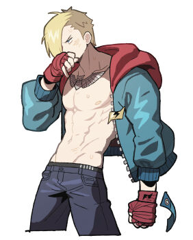 1boy abs absurdres arm_up bare_pectorals black_male_underwear blonde_hair blue_jacket blue_pants clenched_hand cropped_legs denim ed_(street_fighter) fingerless_gloves gloves groin hair_over_one_eye highres hood hood_down hooded_jacket jacket jeans jewelry long_sleeves male_focus male_underwear male_underwear_peek multicolored_jacket navel necklace one_eye_covered open_clothes open_jacket pants pectorals red_gloves red_jacket sach56000 short_sideburns simple_background solo standing street_fighter street_fighter_6 toned toned_male two-tone_jacket underwear unzipped white_background wiping_face
