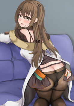 1girl absurdres artist_request ass bare_shoulders blush breasts bridal_gauntlets brown_eyes brown_hair butt_crack cameltoe coat coattails embarrassed from_behind girls&#039;_frontline hair_ribbon highres k2_(girls&#039;_frontline) long_hair looking_at_viewer medium_breasts open_mouth panties panties_under_pantyhose pantyhose ribbon side_ponytail sideboob skirt smile solo tailcoat underwear very_long_hair wardrobe_malfunction