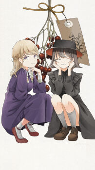 2girls absurdres alternate_costume black_dress black_hat black_ribbon blonde_hair brown_hair brown_shoes closed_eyes closed_mouth collar dress dress_ribbon floral_print fruit_request grin hair_between_eyes hair_ribbon hand_on_own_chin hands_on_own_cheeks hands_on_own_face happy hat highres long_dress long_sleeves maribel_hearn multicolored_eyes multiple_girls plant_request poteimo_(poteimo622) purple_dress purple_eyes red_shoes ribbon sample_watermark shoes simple_background smile socks squatting touhou two-tone_eyes usami_renko watermark watermark_grid white_background white_collar white_ribbon white_socks yellow_eyes