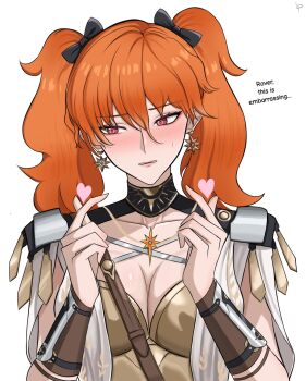 Rule 34 | 1girl, alternate hairstyle, arm armor, armor, artist logo, augusta (wuthering waves), averting eyes, black bow, black collar, blush, bow, breastplate, breasts, cleavage, collar, collarbone, commentary, double finger heart, earrings, english commentary, english text, finger heart, hair between eyes, hair bow, hands up, heart, highres, jewelry, logo, luckplz, medium breasts, multiple hair bows, orange hair, parted lips, red eyes, revision, simple background, solo, sun earrings, sun necklace, twintails, upper body, white background, wuthering waves