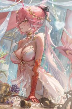 1girl absurdres ahoge arm_support bare_shoulders bespectacled bikini black_bow blueberry blush body_markings bow braid breasts changli_(laurel_nymph)_(wuthering_waves) changli_(wuthering_waves) cleavage colored_extremities commentary dress food fruit glasses gradient_clothes gradient_dress hair_bow hair_extensions highres large_breasts laurel_crown long_hair looking_at_viewer multicolored_hair official_alternate_costume parted_lips pink_hair ponytail red_hands ring_hair_extensions riuv187567 round_eyewear see-through_clothes see-through_dress shoes side-tie_bikini_bottom solo swimsuit tacet_mark_(wuthering_waves) thighs two-tone_hair unworn_shoes variant_set very_long_hair white_bikini white_hair wuthering_waves