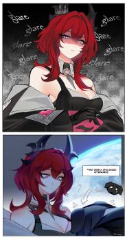 2girls :/ ? absurdres albedo_(xieow) animal_ears arknights arknights:_endfield arrow_(symbol) bare_shoulders black_dress black_hair black_horns bowing breasts cleavage closed_mouth commentary dog_ears double-parted_bangs dress endministrator_(arknights) english_commentary english_text female_endministrator_(arknights) hair_between_eyes highres horns jellyfish_cut kemonomimi_mode laevatain_(arknights) medium_breasts multiple_girls off_shoulder purple_eyes red_hair shaded_face sleeveless sleeveless_dress surtr_(arknights) sweatdrop