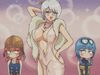 1990s_(style) 3girls aqua_eyes audrey_dreamweaver blue_hair blush blush_stickers braid breast_envy breasts center_opening chib0b chromatic_aberration cleavage commentary_request covered_erect_nipples dress dutch_girl_(last_origin) earrings halter_dress halterneck hard_hat helmet jewelry korean_commentary last_origin long_hair multiple_girls navel necklace nightgown no_bra no_panties official_alternate_costume open_mouth orange_hair plunging_neckline retro_artstyle revision short_hair smile sparkle triaina twin_braids twintails white_hair