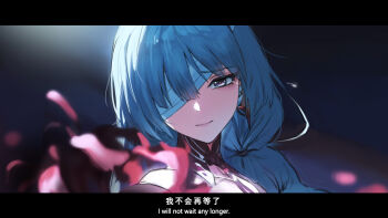 1girl bandage_over_one_eye blue_hair blurry blurry_background blurry_foreground chinese_text commentary derivative_work earrings english_text flower gradient_background grey_eyes hair_over_one_eye highres jewelry letterboxed long_hair looking_at_viewer one_eye_covered phrolova_(wuthering_waves) red_flower screenshot_redraw simplified_chinese_text smile solo spider_lily surui tearing_up upper_body wuthering_waves