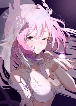 1girl absurdres alternate_eye_color bare_shoulders black_background blowing_kiss bra breasts bridal_veil chuuna_(unagiunazy) cleavage cyrene_(honkai:_star_rail) cyrene_(ripples_of_past_reverie)_(honkai:_star_rail) detached_collar earrings fingernails floating_earrings floating_hair flower glowing grey_eyes hair_flower hair_intakes hair_ornament hand_up heart heart-shaped_pupils highres honkai:_star_rail honkai_(series) jewelry large_breasts light_particles lingerie multicolored_hair neck_flower one_eye_closed pink_hair pink_nails planet_earrings pointy_ears puckered_lips raised_eyebrows raised_inner_eyebrows red_pupils ring see-through_clothes see-through_veil simple_background single_earring single_hair_streak solo spaghetti_strap streaked_hair symbol-shaped_pupils two-tone_hair underwear underwear_only upper_body veil wedding_ring white_bra white_flower white_streaks