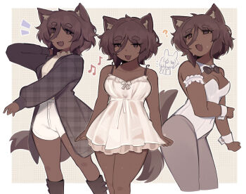 1girl 1other ? animal_ear_fluff animal_ears armband black_bow black_bowtie boots bow bowtie breasts brown_background brown_boots brown_eyes brown_hair brown_jacket brown_theme character_request check_character chibi chibi_inset collar dark-skinned_female dark_skin dog_ears dog_girl dog_tail dress fang feet_out_of_frame frilled_armband frills grey_pantyhose hair_between_eyes iahtruong jacket layered_dress leaning_forward leotard looking_back loose_hair_strand medium_breasts multiple_views musical_note notice_lines off-shoulder_dress off_shoulder open_mouth original pantyhose patterned_background plaid_clothes plaid_jacket shirt short_hair shorts skin_fang sleeveless sleeveless_dress smile spaghetti_strap strapless strapless_leotard sweatdrop tail unmoving_pattern white_armband white_collar white_leotard white_shirt white_shorts white_wrist_cuffs wrist_cuffs