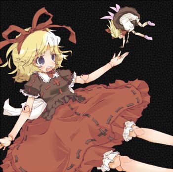 2girls black_background black_shirt blonde_hair bloomers blue_eyes collar doll_joints hair_ribbon hato_haru joints medicine_melancholy medium_hair multiple_girls open_mouth puffy_short_sleeves puffy_sleeves red_ribbon red_skirt ribbon ribbon_trim shirt short_sleeves skirt su-san teeth touhou underwear upper_teeth_only white_collar