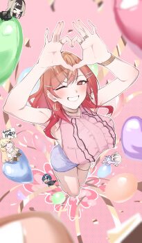 Rule 34 | 5girls, absurdres, armpits, arms up, balloon, choker, commentary request, earrings, four-finger heart hands, frilled shirt, frills, from above, gradient hair, grin, hair ornament, hairclip, heart, heart balloon, heart hands, highres, hiodoshi ao, hiodoshi ao (1st costume), hololive, hololive dev is, ichijou ririka, ichijou ririka (1st costume), inuinuo gataken, jewelry, juufuutei raden, juufuutei raden (1st costume), long hair, miniskirt, multicolored hair, multiple girls, one eye closed, orange hair, otonose kanade, otonose kanade (1st costume), parted bangs, pink background, pink hair, pink nails, pink shirt, purple skirt, red eyes, ring, shirt, skirt, sleeveless, sleeveless shirt, smile, solo focus, teeth, thigh strap, todoroki hajime, todoroki hajime (1st costume), virtual youtuber, watch, wristwatch