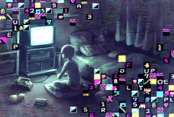 1boy bed controller curtains from_behind game_console game_controller glitch glowing indoors original pillow sasakure_(mogunonbi) short_sleeves sitting solo static television wide_shot