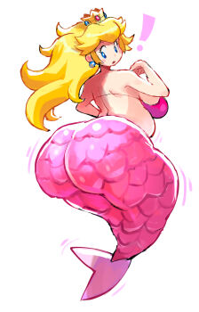 Rule 34 | !, 1girl, alternate costume, alternate form, ass, bikini, bikini top only, blonde hair, blue eyes, breasts, crown, earrings, fapo, fat, fat woman, highres, huge ass, jewelry, large breasts, long hair, looking back, mario (series), mermaid, monster girl, nintendo, pink bikini, princess peach, simple background, solo, sphere earrings, swimsuit, white background