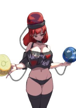 1girl absurdres black_choker black_panties black_shirt black_thighhighs breasts chain chinese_commentary choker cleavage closed_mouth clothes_writing commentary_request crop_top cropped_shirt curvy earth_(ornament) english_text groin heart heart_print hecatia_lapislazuli highres large_breasts long_hair midriff moon_(ornament) navel panties print_shirt red_eyes red_hair shirt simple_background skindentation sleepymoon smile solo thighhighs thong touhou underwear underworld_(ornament) white_background wide_hips