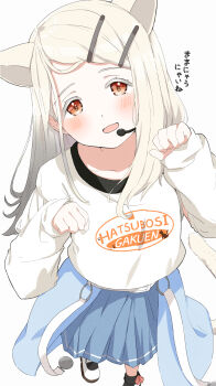 1girl absurdres animal_ears black_socks blonde_hair blue_skirt blush cat_ears cat_girl clothes_writing colored_eyelashes commentary_request earrings flipped_hair foreshortening from_above full_body gakuen_idolmaster gradient_hair grey_hair hair_ornament hairclip hands_up headset highres idolmaster jewelry kemonomimi_mode long_hair looking_at_viewer multicolored_hair open_mouth orange_eyes parallel_hairclips paw_pose pleated_skirt raichita shinosawa_hiro shirt shoes showgirl_skirt simple_background skirt socks solo stud_earrings swept_bangs translation_request white_background white_shirt white_shoes