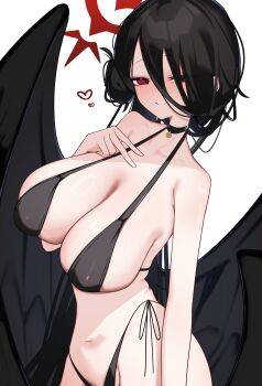 1girl absurdres bikini black_bikini black_choker black_hair black_wings blue_archive blush breasts choker closed_mouth commentary_request feathered_wings hair_bun hair_over_one_eye halo hasumi_(blue_archive) hasumi_(swimsuit)_(blue_archive) highres huge_breasts long_hair low_wings red_eyes red_halo smile solo swimsuit very_long_hair wings worimiru