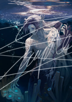 1boy absurdres air_bubble blue_eyes blue_scales bubble cape caustics chinese_commentary clarence_clayden clarence_clayden_(book_of_tales) closed_mouth curtained_hair fins hand_up head_fins highres lips long_hair looking_down looking_to_the_side lovebrush_chronicles male_focus merman mole mole_under_eye monster_boy official_alternate_hair_length official_alternate_hairstyle parted_bangs parted_lips purple_hair rachelee618 reaching sample_watermark sea_anemone seashell see-through_cape see-through_clothes shell side_cape solo toned toned_male topless_male underwater watermark