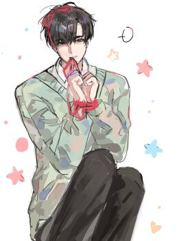 1boy alien_stage black_eyes black_pants bound bound_wrists collared_shirt commentary dekitaran44316 grey_sweater hair_ribbon hashtag-only_commentary heart highres ivan_(alien_stage) long_sleeves male_focus mouth_hold official_alternate_costume pants red_ribbon ribbon ribbon_in_mouth shirt short_hair sitting smile solo star_(symbol) sweater very_short_hair white_shirt