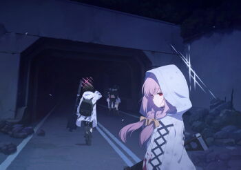 4girls ankle_socks arius_squad_(blue_archive) artist_request atsuko_(blue_archive) backpack bag black_bag black_gloves black_hair black_hat black_pants black_shoes black_socks blood blood_on_clothes blue_archive bow coat cuts cz_scorpion_evo_3 fim-92_stinger game_cg gloves gun hair_bow halo hat highres hiyori_(blue_archive) hood hooded_coat human_crutch injury long_hair machine_gun median_furrow misaki_(blue_archive) multiple_girls night non-web_source official_art pants pink_halo purple_hair red_eyes road rocket_launcher rope rubble saori_(blue_archive) shoes short_hair shoulder_support skirt socks spoilers thigh_strap torn_clothes torn_pants tunnel unworn_coat walking walking_away weapon white_coat white_halo white_skirt yellow_bow