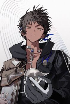 1boy arknights black_hair braid commentary_request dark-skinned_male dark_skin ear_piercing gloves highres hishoti_cheese holding jewelry long_sleeves looking_at_viewer male_focus orange_eyes piercing side_braid simple_background solo thorns_(arknights) thorns_the_lodestar_(arknights) twitter_username upper_body white_gloves