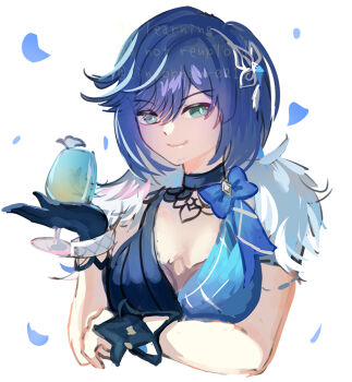 Rule 34 | 1girl, black dress, black gloves, blue bow, blue dress, blue hair, bow, bracelet, cup, cupping glass, dress, feather boa, genshin impact, gloves, green eyes, hair ornament, holding, holding cup, jewelry, looking at viewer, maron star, official alternate costume, short hair, simple background, smile, solo, two-tone dress, upper body, white background, yelan (genshin impact), yelan (tranquil banquet) (genshin impact)