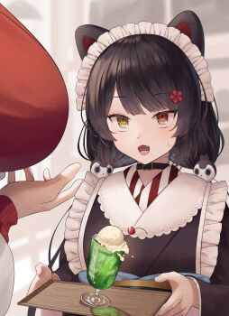 2girls absurdres alternate_breast_size_(larger) ange_katrina ange_katrina_(1st_costume) animal_ears animal_hair_ornament black_collar black_kimono blurry blurry_background breasts brown_hair cherry collar commentary_request cup cupping_hand dog_ears drinking_glass eyelashes fang flower food frills fruit glint goblet_glass hair_flower hair_ornament heterochromia highres holding holding_tray ice_cream ice_cream_float inui_toko inui_toko_(1st_costume) japanese_clothes kimono kitsutsuki_tsuki large_breasts long_hair long_sleeves looking_at_another low_twintails maid_headdress melon_soda multiple_girls nijisanji open_mouth out_of_frame red_eyes spilling sweatdrop swept_bangs tray twintails upper_body very_long_hair virtual_youtuber white_headdress yellow_eyes