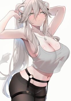 1girl alternate_costume animal_ear_fluff animal_ear_piercing animal_ears armpits arms_up black_pantyhose blue_eyes blush breasts cleavage closed_mouth crop_top crop_top_overhang dog_tags garter_belt garter_straps grey_hair hair_between_eyes highres hololive jewelry large_breasts lion_ears lion_girl lion_tail long_hair looking_at_viewer midriff navel necklace o-ring_garter_belt omoti_(1201208) pantyhose ponytail see-through_silhouette shishiro_botan sidelocks simple_background solo tail tank_top virtual_youtuber white_background white_tank_top
