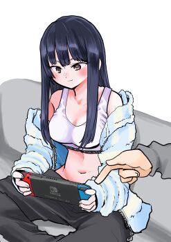 Rule 34 | 1boy, 1girl, black hair, boku no kokoro no yabai yatsu, breasts, brown eyes, cleavage, couch, father and daughter, game console, highres, hood, hoodie, indian style, jacket, long hair, medium breasts, midriff, navel, nintendo switch, off shoulder, open clothes, open jacket, out of frame, pants, pointing, sakurai norio, sitting, sports bra, tagme, track pants, yamada anna