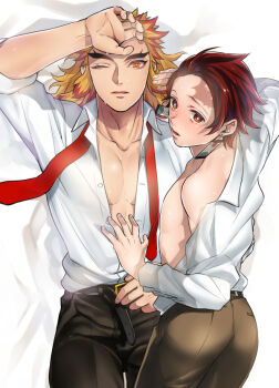 Rule 34 | 2boys, arm up, ass, bed sheet, belt, belt buckle, black belt, black pants, blonde hair, blush, breath, brown hair, brown pants, buckle, collarbone, collared shirt, commentary request, contemporary, dress shirt, earrings, forked eyebrows, from above, hand on another's stomach, hashimoto (yanagi-momo), jewelry, kamado tanjirou, kimetsu no yaiba, long hair, long sleeves, looking at viewer, looking back, lying, lying on person, male focus, multicolored eyes, multicolored hair, multiple boys, necktie, off shoulder, on back, on bed, on side, one eye closed, open clothes, open collar, open mouth, open shirt, pants, parted lips, partially unbuttoned, pectoral cleavage, pectorals, red eyes, red hair, red necktie, rengoku kyoujurou, scar, scar on face, scar on forehead, shirt, single bare shoulder, sleeves rolled up, streaked hair, sweat, toned, toned male, two-tone hair, undone necktie, unworn necktie, white shirt, wing collar, yaoi, yellow eyes